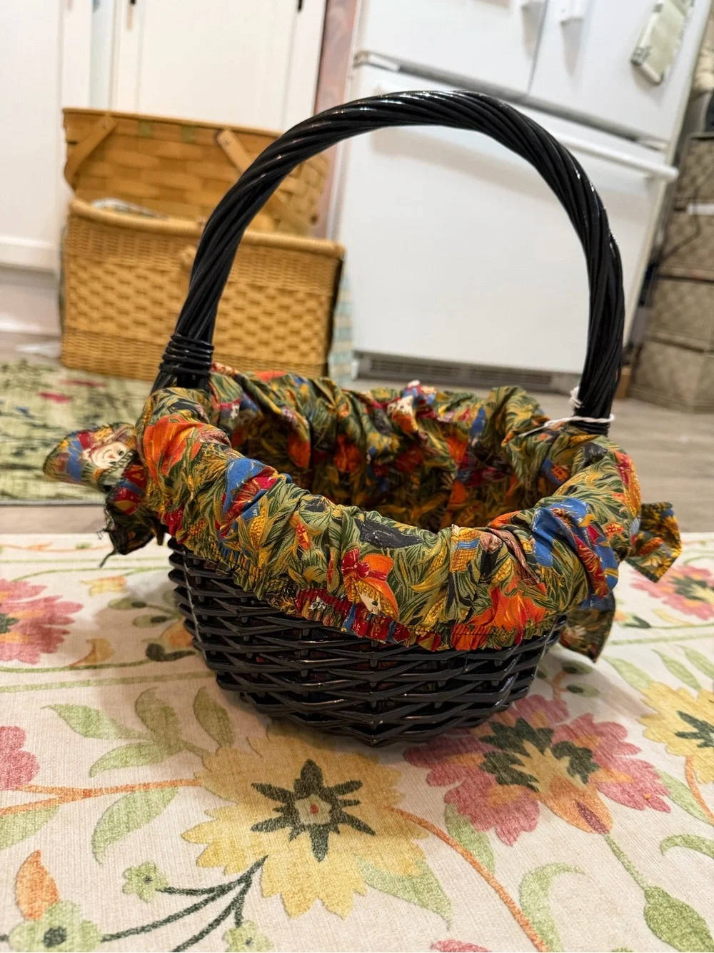Vintage Autumn Fabric Lined Black Wicker Basket Colorful Autumn Primitives